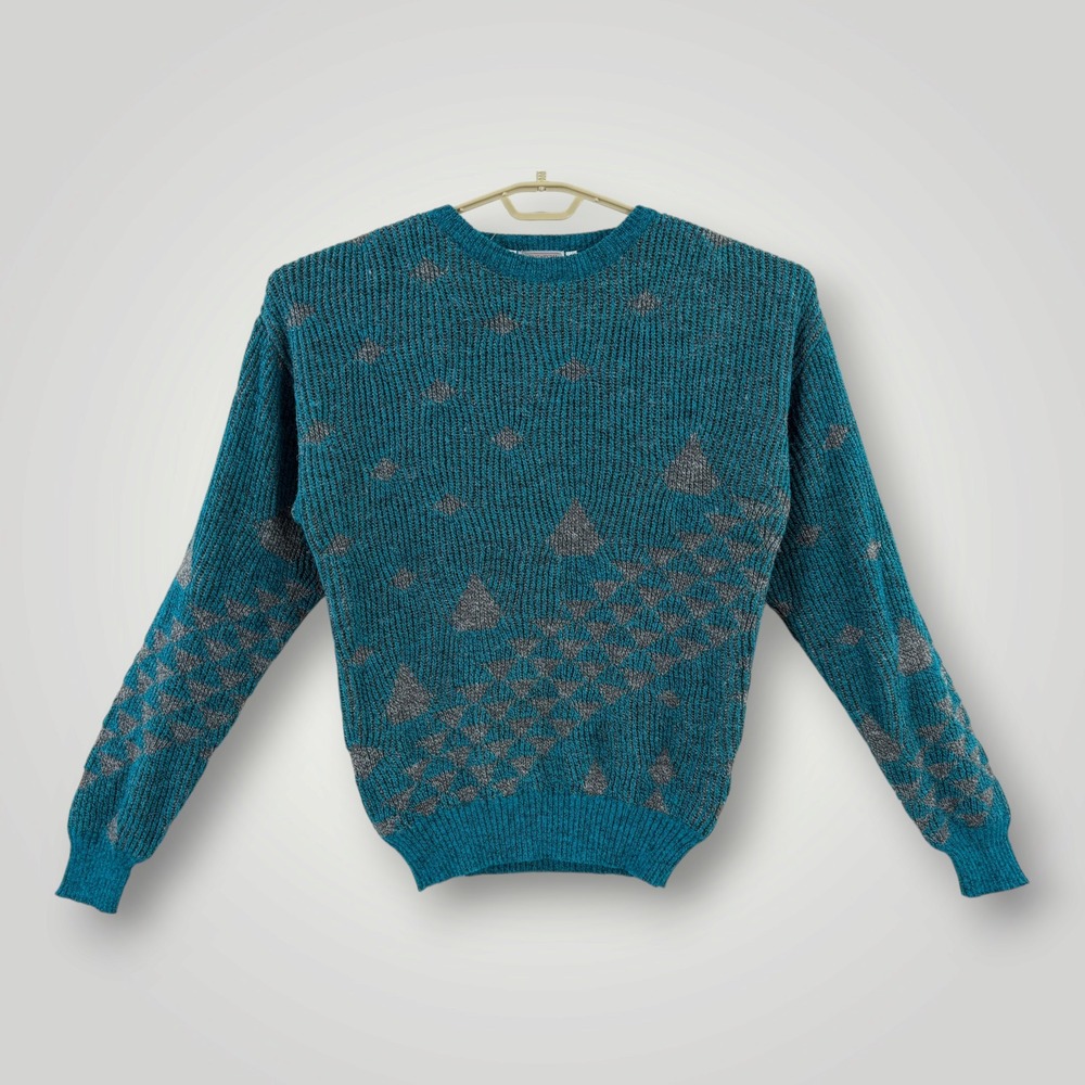 Bugatchi Uomo Vintage Geometric Knit Sweater Teal Grey Mens Small Retro Crewneck